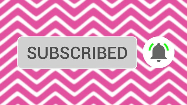 Mouse Clicking Subscribe Button and Bell Notification with White Border and Pink Waves Background.