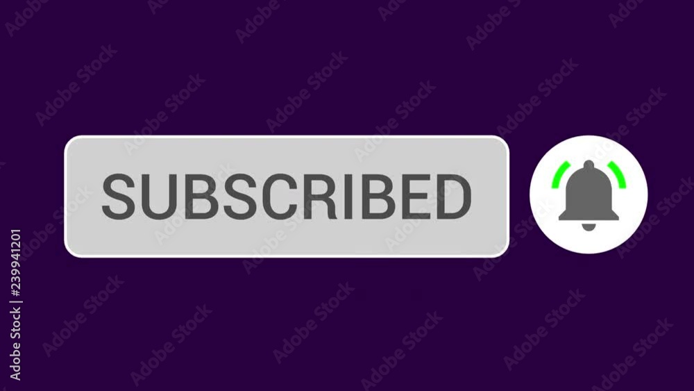 Poster mouse clicking subscribe button and bell notification with white border and dark purple background.