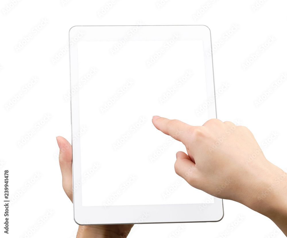 Poster hand holding a tablet and have finger is pressed to enter some system. with clipping path.