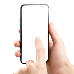 Hand holding a smartphone and touching screen for take a picture, with clipping path.