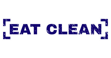 EAT CLEAN caption seal print with grunge texture. Text caption is placed between corners. Blue vector rubber print of EAT CLEAN with dirty texture.