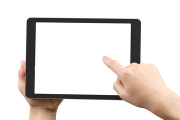 Hand holding a tablet. Clipping path.