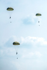 Many soldiers with parachutes in the sky.