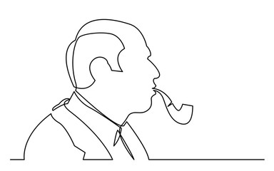 continuous line drawing of isolated on white background profile portrait of bald man with smoking pipe