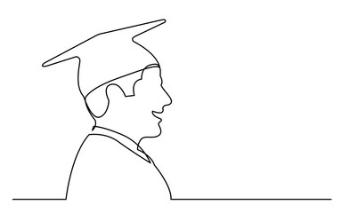 continuous line drawing of isolated on white background profile portrait of happy college graduate