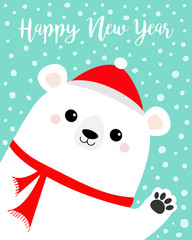Happy New Year. Big white polar bear waving hand paw print. Red hat, scarf. Cute cartoon funny kawaii baby character. Merry Christmas. Greeting Card. Flat design. Blue snow background.
