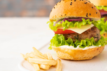 Delicious burgers with beef, tomato, cheese, french fries and lettuce. Copy space.
