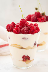 Raspberry dessert, cheesecake, raspberry tiramisu, trifle, mousse in a glass on a white background.