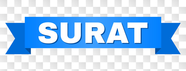 SURAT text on a ribbon. Designed with white caption and blue stripe. Vector banner with SURAT tag on a transparent background.