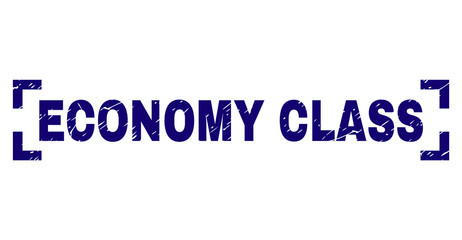 ECONOMY CLASS text seal stamp with grunge style. Text label is placed between corners. Blue vector rubber print of ECONOMY CLASS with grunge texture.