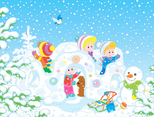 Small children playing in their toy snow fortress on a playground in a winter snow-covered park, vector illustration in a cartoon style