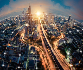 Digital network connection lines of Sathorn road, Bangkok Downtown, Thailand. Financial district...