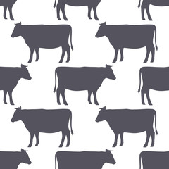 Cow silhouette seamless pattern. Beef meat. Background for food packaging or butcher shop design. Vector illustration.