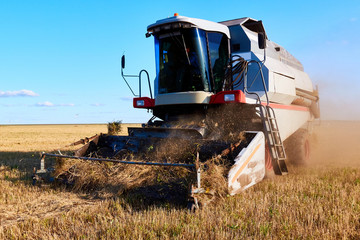 Combine harvester on a wheat field with blue sky.