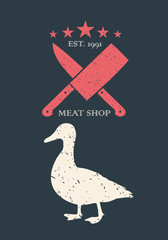 Duck. Vintage poster for butchery meat shop. Logo, retro print, organic farm products. Duck silhouette. Logo template. Vector Illustration.