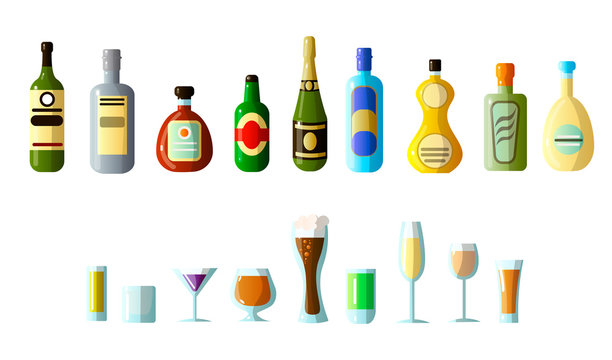 ollection of different alcoholic beverages in bottles with glasses of different shapes. Vodka, champagne, wine, whiskey, beer, brandy, tequila, cognac, liqueur, vermouth, gin, rum, absinthe, sambuca