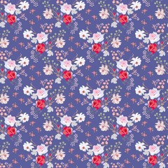 Liberty floral pattern with beautiful garden flowers on blue background. Cute summer design. Print for fabric.