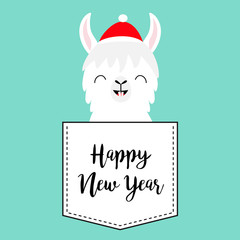 Happy New Year. Llama alpaca sitting in the pocket. Santa Claus hat. Face with tooth. Cute cartoon character. Hello winter. Merry Christmas. Blue background. Flat design.