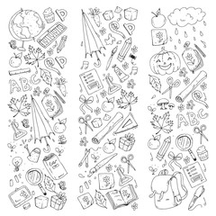 Obraz premium Vector seamless pattern with school and education icons.