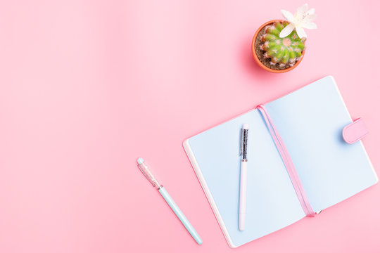 workspace desk styled design office supplies with cactus on pink pastel background minimal style