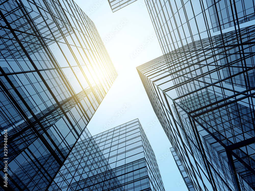 Poster view of high rise glass building and dark steel window system on blue clear sky background,business 
