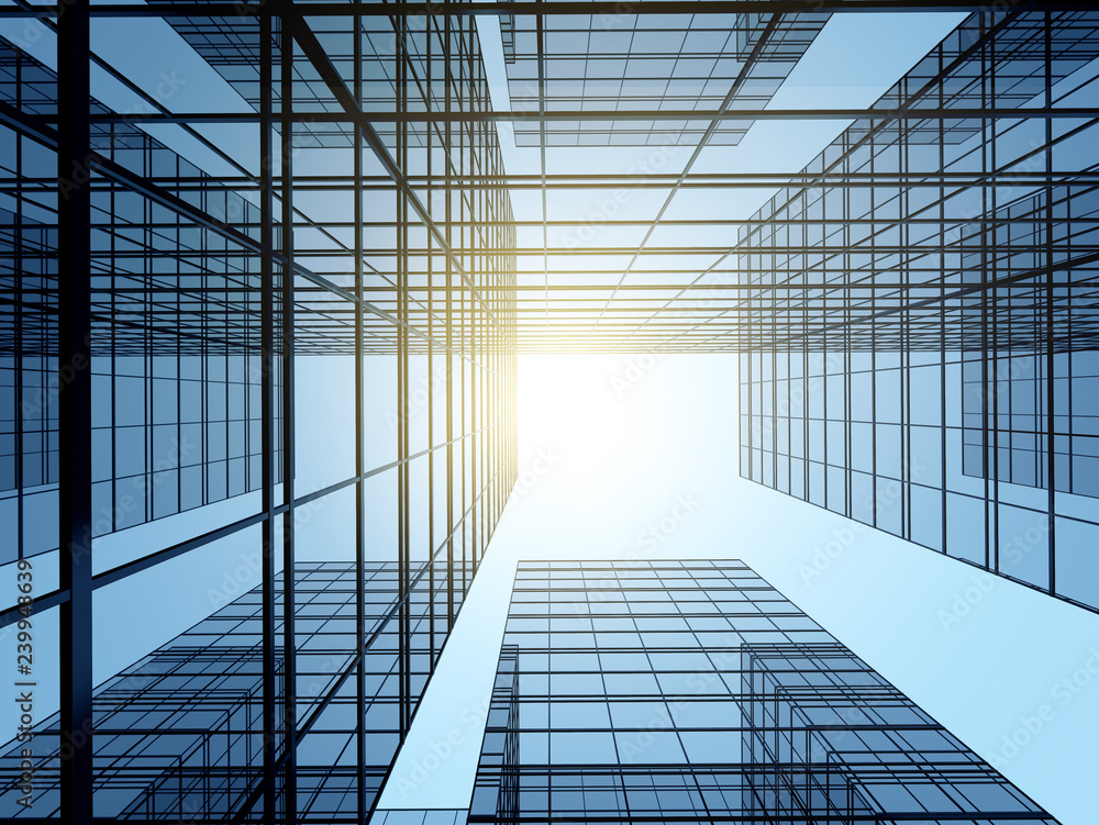 Poster view of high rise glass building and dark steel window system on blue clear sky background,business 