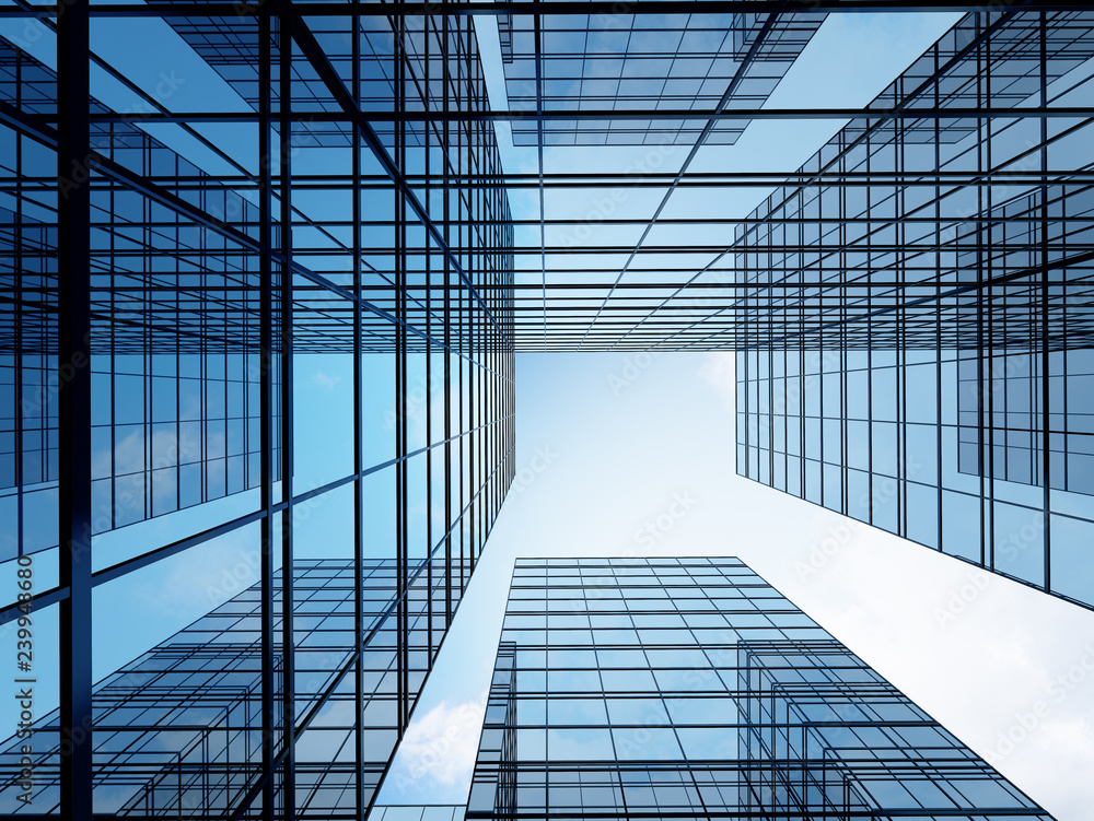 Aufkleber view of high rise glass building and dark steel window system on blue clear sky background,business 