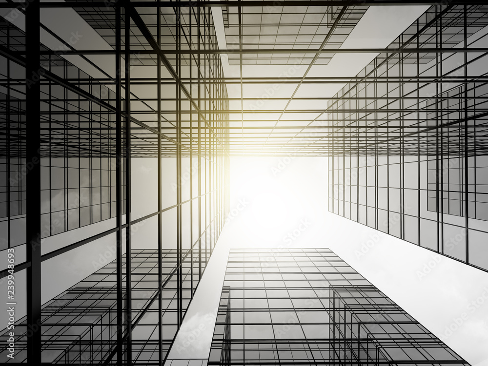 Poster view of high rise glass building and dark steel window system on blue clear sky background,business 