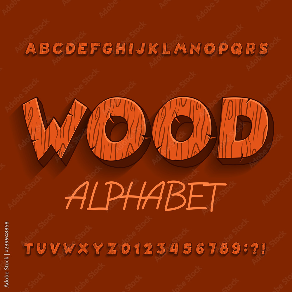 Fototapete cartoon wood alphabet font. letters, numbers and symbols with shadow. stock vector typescript for yo
