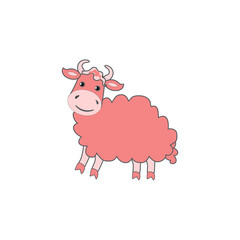 Cute cartoon pink yak, kid farm animal vector funny illustration isolated on white background, decorative adorable buffalo flat style for character design, mascot, zoo alphabet, greeting cards