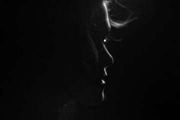 Happy and elegant woman portrait studio shot black and white. Attractive adult brunette sexy girl on black background. Long beautiful healthy hair model girl stock image.