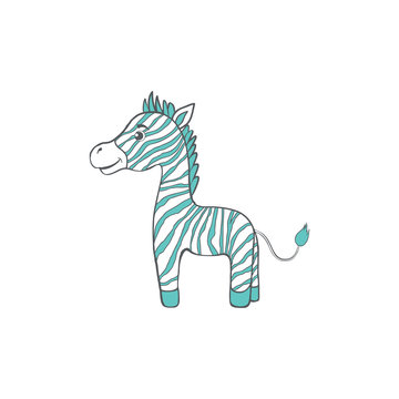 Cute cartoon zebra, kid wild animal, vector funny illustration mammal isolated on white background, decorative colorful horse for character design, mascot, zoo alphabet, greeting card, children invite