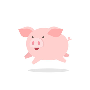 Cute little pig jumping happily, cartoon vector illustration