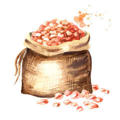Burlap bag with Himalaya pink salt. Watercolor hand drawn illustration, isolated on white background