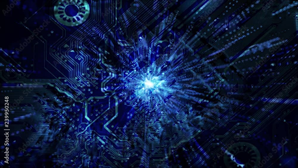 Poster blue printed circuit board and rays of techno lights, loop animation