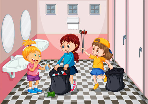 Children collecting trash in toilet