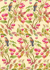 Bird on a branch with leaves and barries . Seamless background pattern version 3