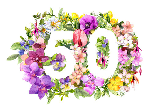 Floral number 50 fifty from wild flowers and meadow grass. Watercolor numeric