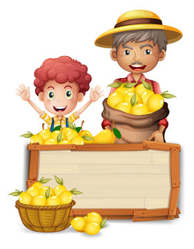 Farmer  holding lemon on wooden board