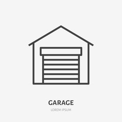 Garage flat line icon. Vector thin sign of storehouse, building exterior, rent logo. Real estate illustration