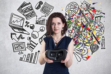 Young woman with VR headset standing against a wall with arts and science sketch. Concept of person's development