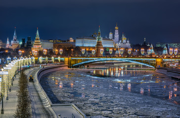 Moscow Kremlin, embankment of Moscow River at night in Moscow, Russia. Architecture and landmark of Moscow