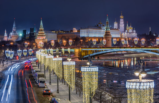 Moscow Kremlin, embankment of Moscow River at night in Moscow, Russia. Architecture and landmark of Moscow