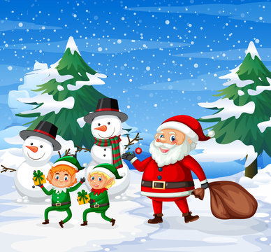 Happy santa and elf ourdoor background
