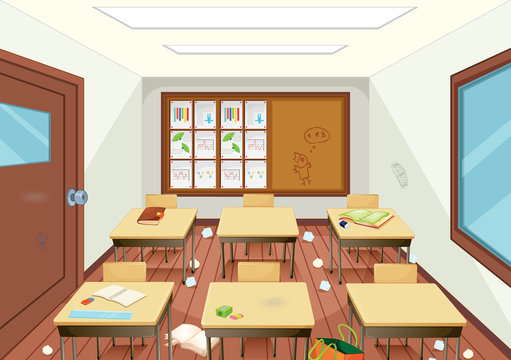 Dirty wooden classroom interior