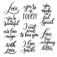 Vector set of hand lettering with love motivational phrases. Calligraphy inspirational quotes collection for valentine's day.