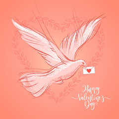 Valentines Day postcard with dove on coral color background. Vector illustration, design element for congratulation cards, print, banners and others
