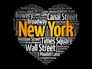 List of streets in New York City composed in love sign heart shape, word cloud collage, business and travel concept background