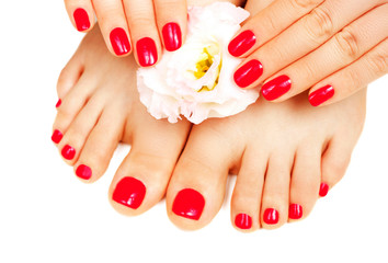 Red manicure and pedicure with flower close up, isolated on white background