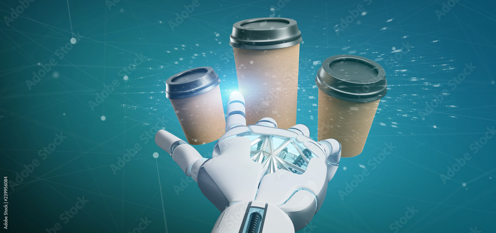 Poster cyborg holding a group of cardbox coffee cup with connection 3d rendering